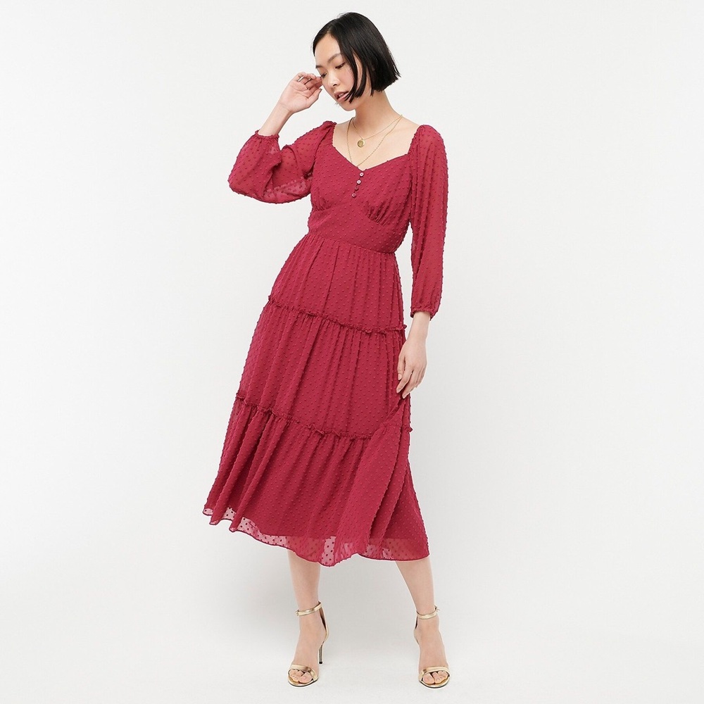 J Crew Tiered Long Sleeve MIDI dress Swiss Dot